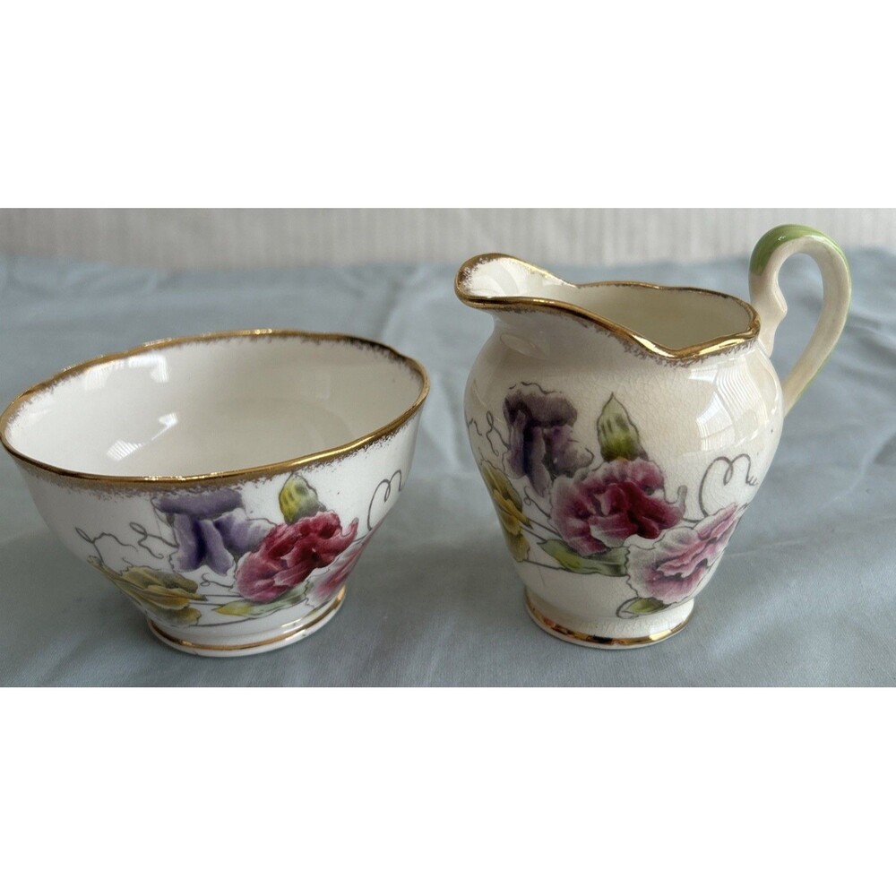 Vintage Fine Bone Creamer and Sugar Bowl  SWEET PEA Salisbury England Floral